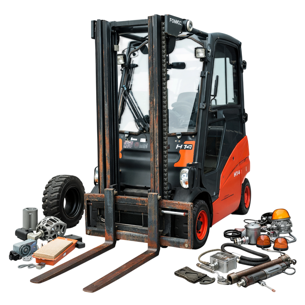 Industrial forklift with replacement parts and repair components