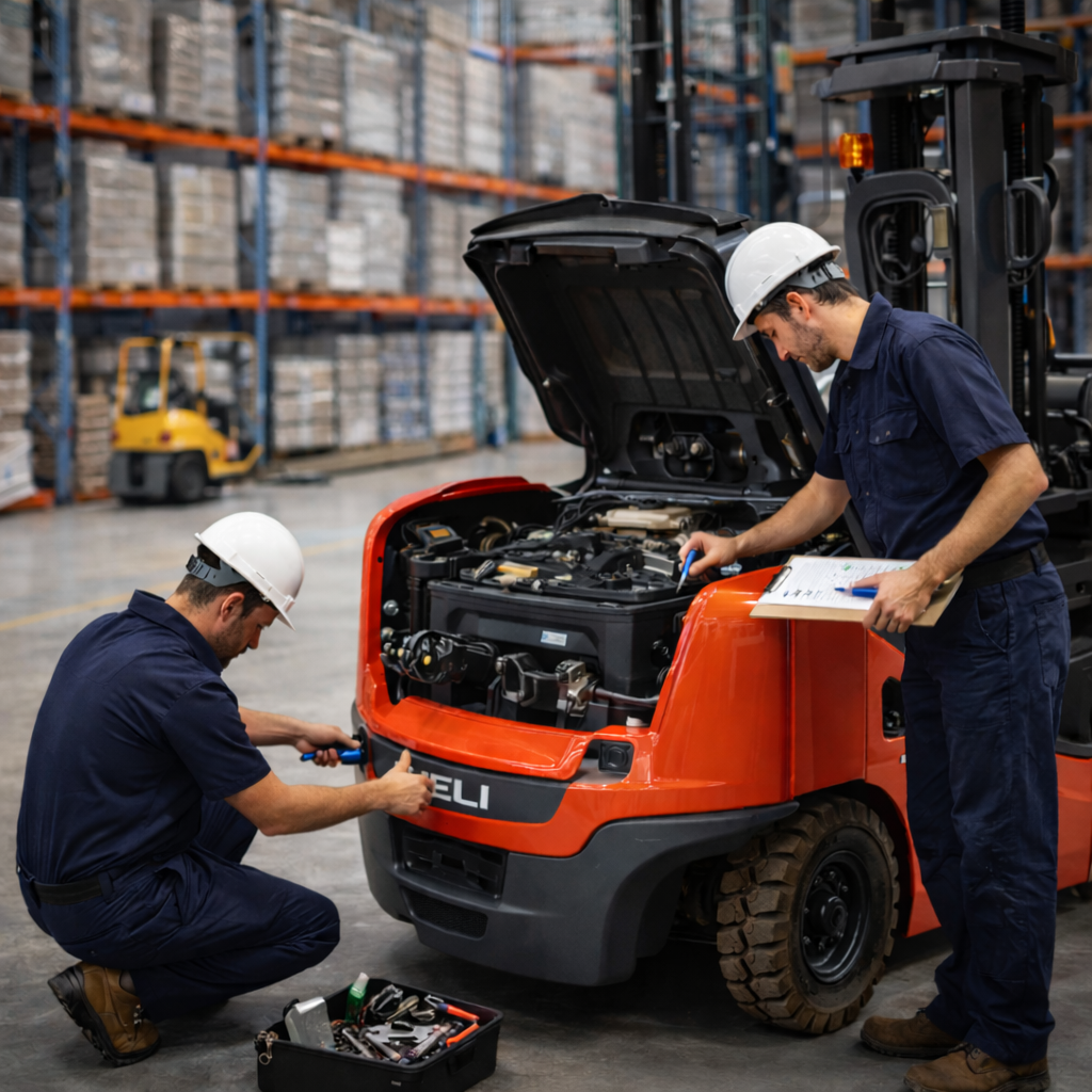 Technicians performing forklift maintenance and inspection in warehouse