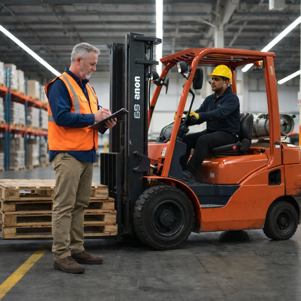 Forklift operator evaluation in warehouse with safety supervisor