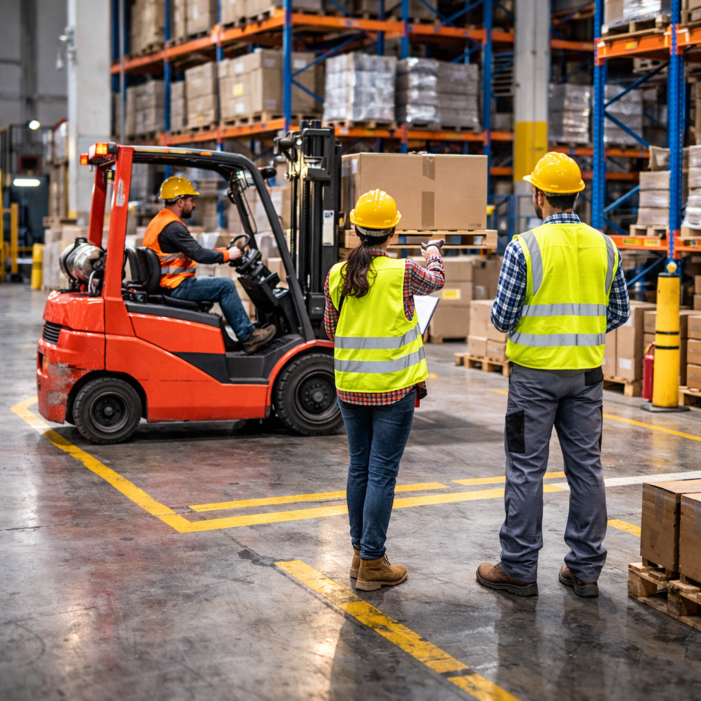 Forklift operation under safety supervision in warehouse environment
