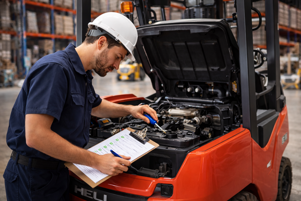 Technician performing forklift inspection and maintenance in warehouse