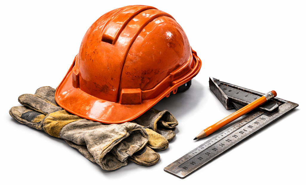 Construction safety equipment including hard hat, work gloves and carpenter square