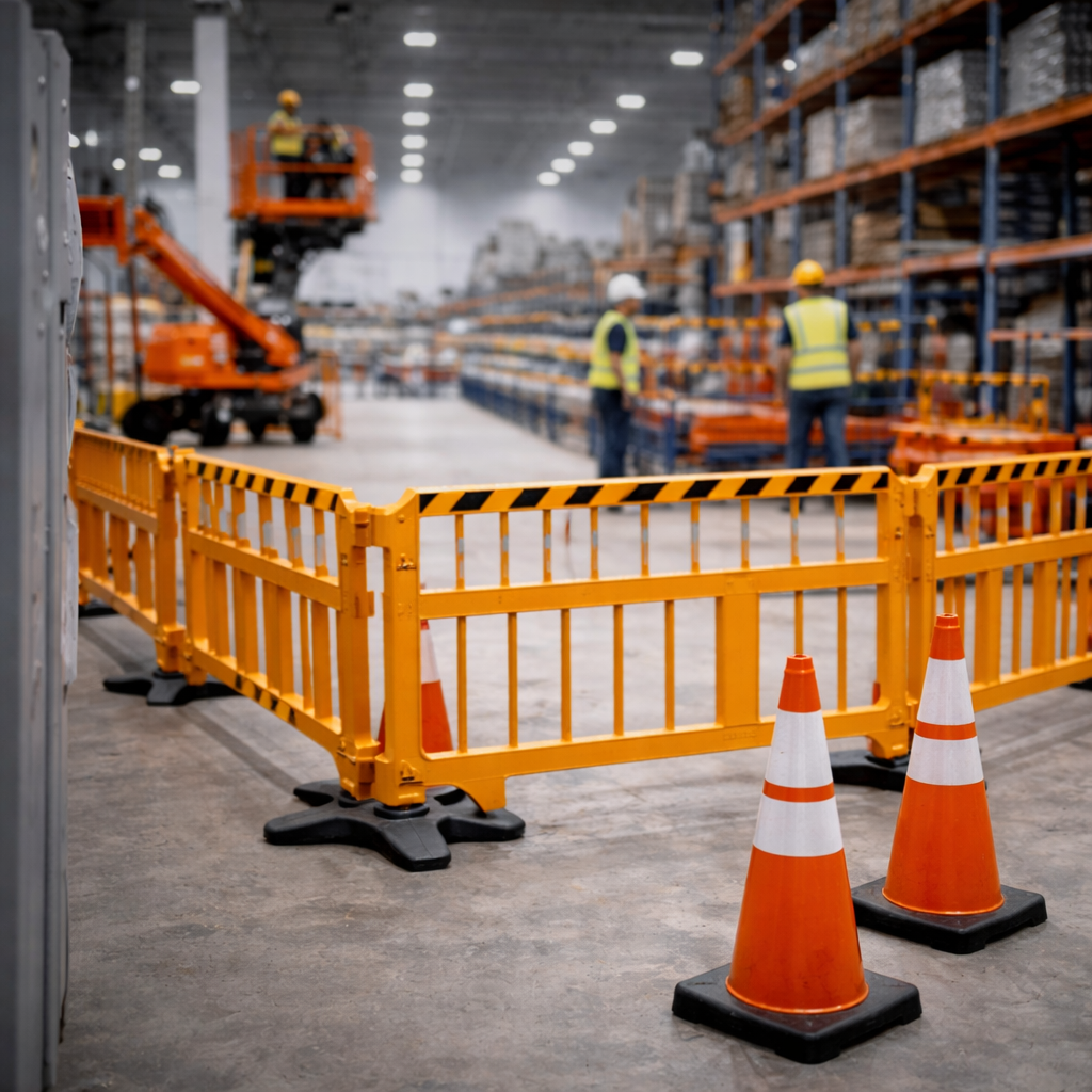 Industrial work zone with safety barriers and traffic cones inside warehouse